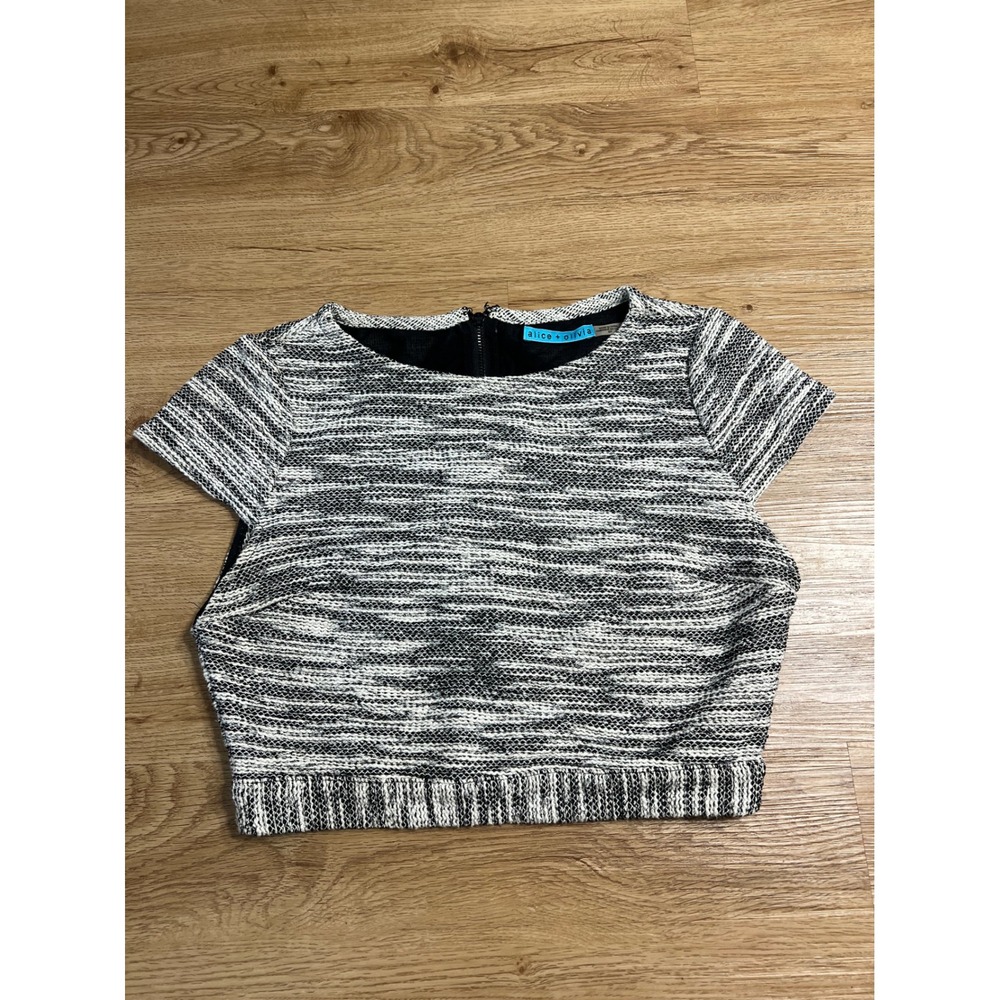 Alice + Olivia Black White Tweed Knit Crop Top Mesh Back Exposed Zipper Small